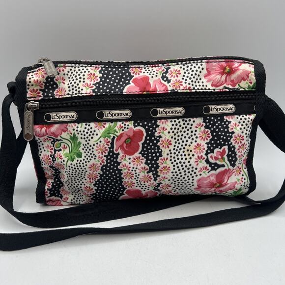 LeSportsac Pink Black Flowers Polka Dot Crossbody Purse 8.5" Nylon Travel USA - Picture 1 of 8